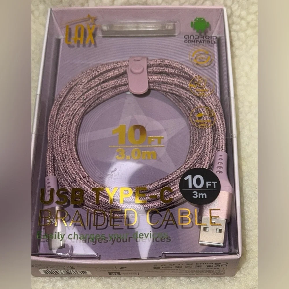 LAX Pink USB Type-C Braided Cable - 10ft, Android Compatible, NEW in Box